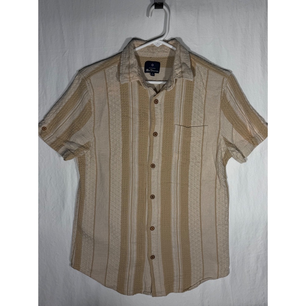Ben Sherman Mens Tan Cream Striped Textured Cotton Button Down Shirt Small